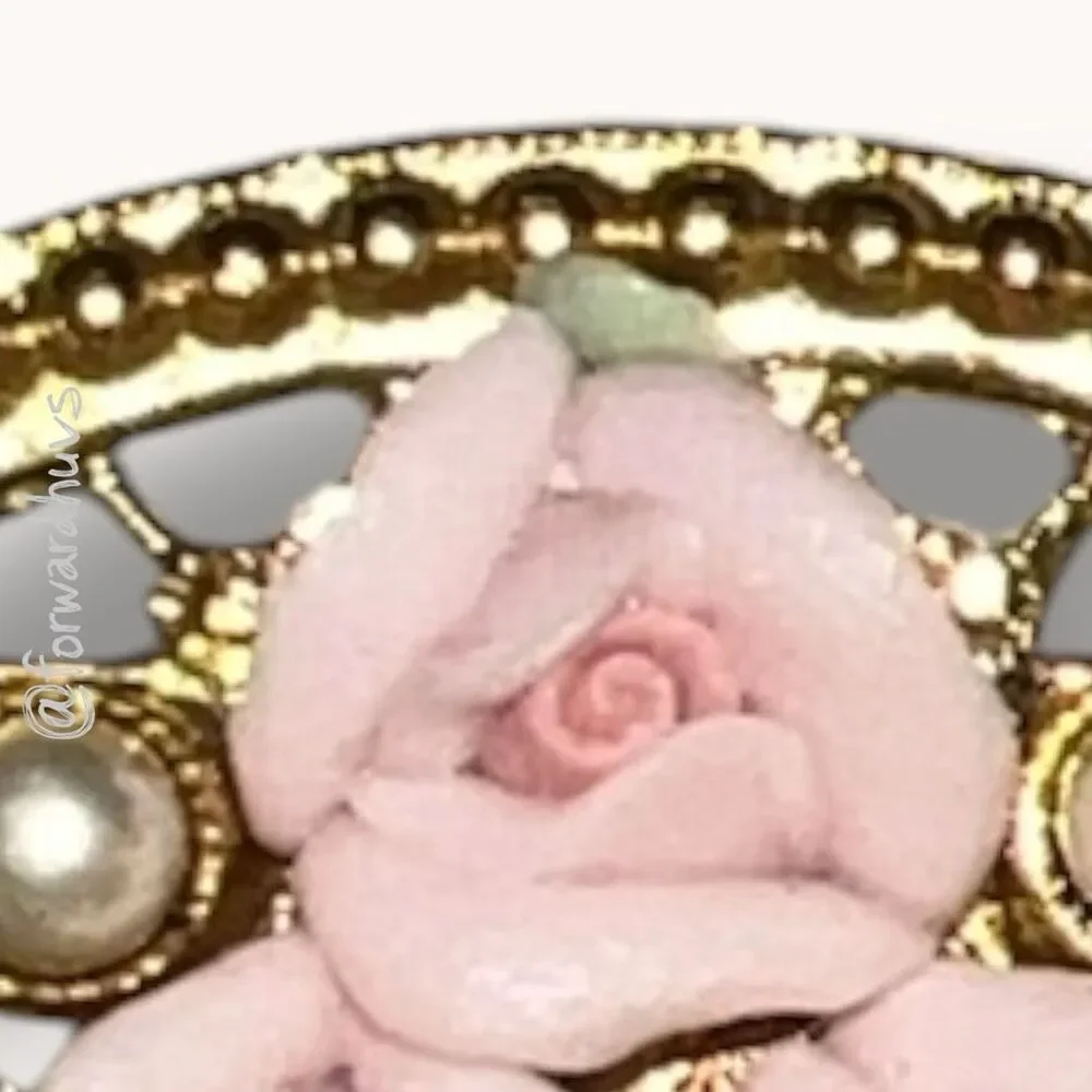 1928 Jewelry Pink Porcelain Rose Faux Pearl Filigree Brooch Gold Tone